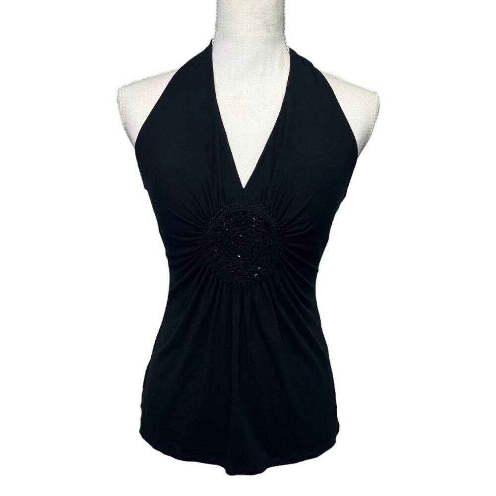 VTG Cache Halter Top Womens Medium Black Babydoll Crochet Boho Y2K Retro Fairy